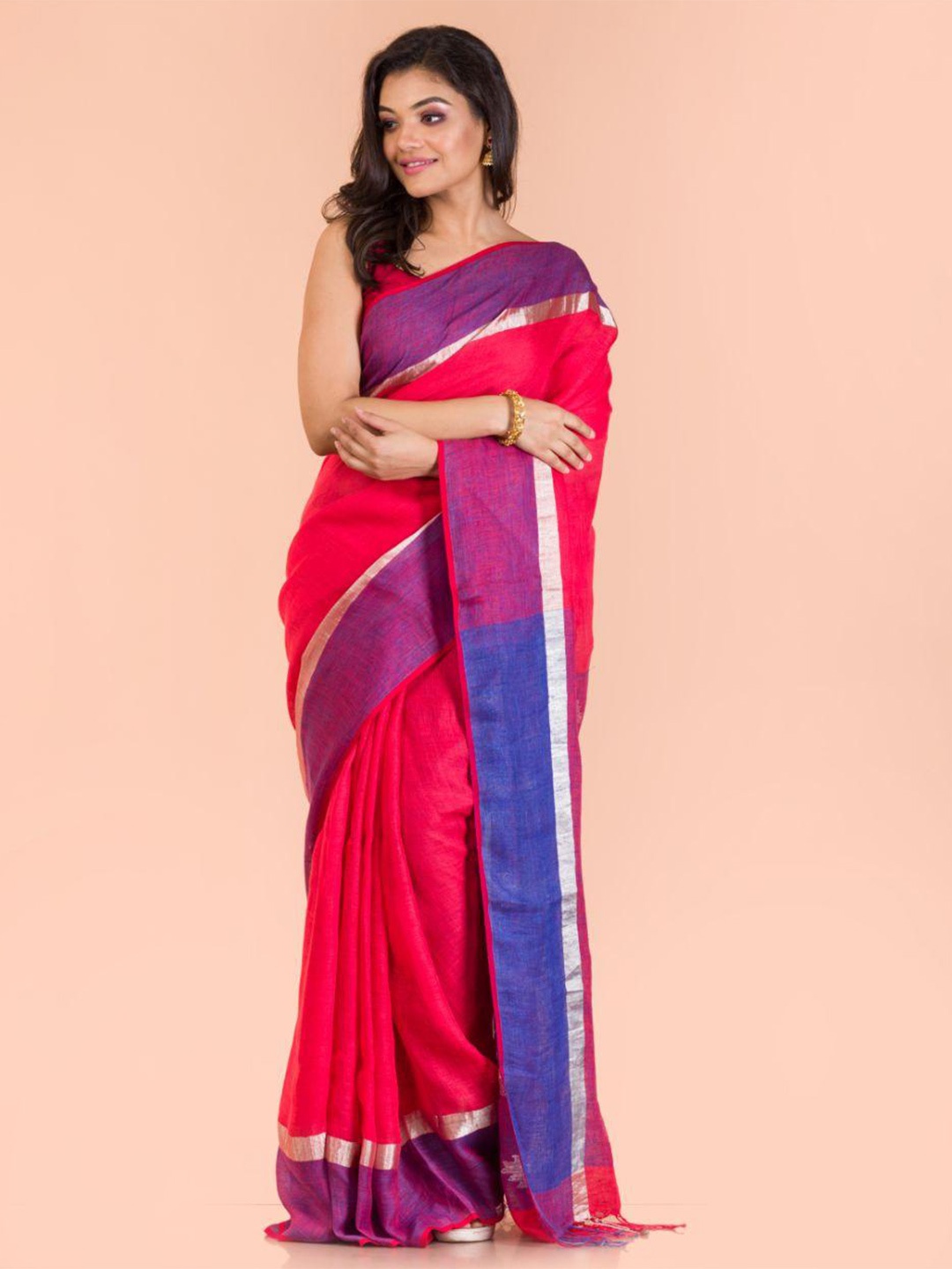 

Angoshobha Pure Linen Saree, Red