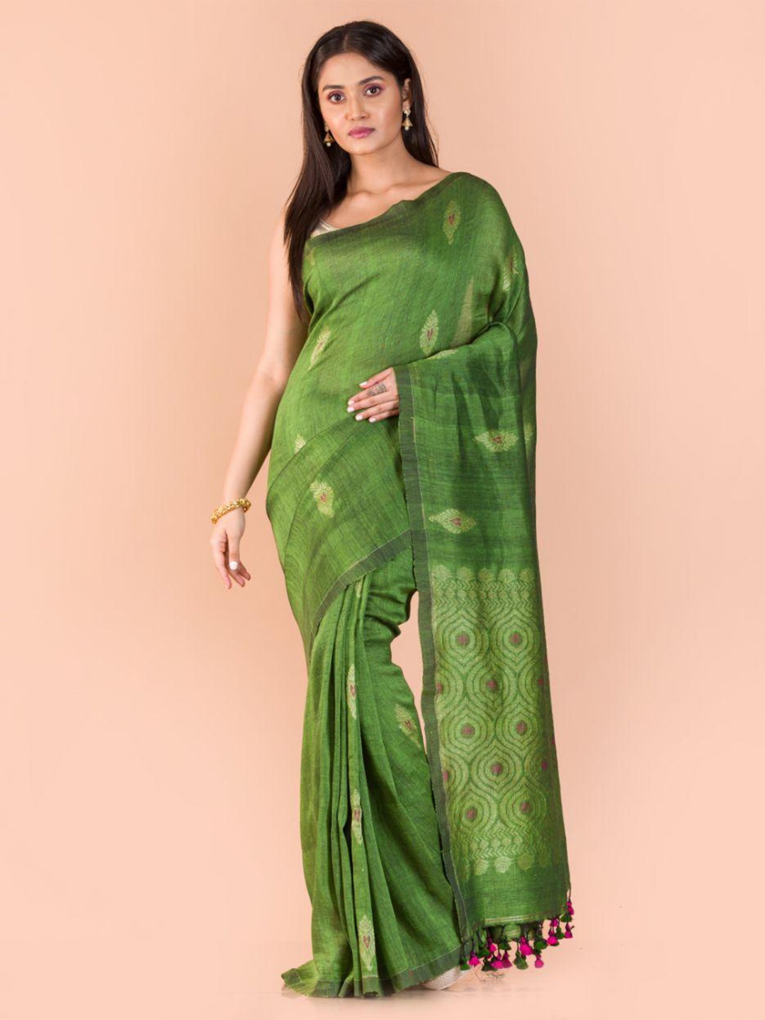 

Angoshobha Ethnic Motifs Woven Design Pure Linen Saree, Green