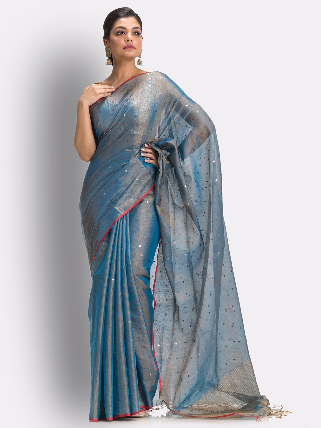

Angoshobha Woven Design Mirror Work Pure Cotton Saree, Blue
