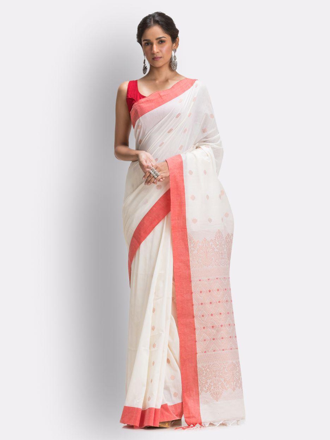 

Angoshobha Ethnic Motifs Woven Design Pure Cotton Saree, White