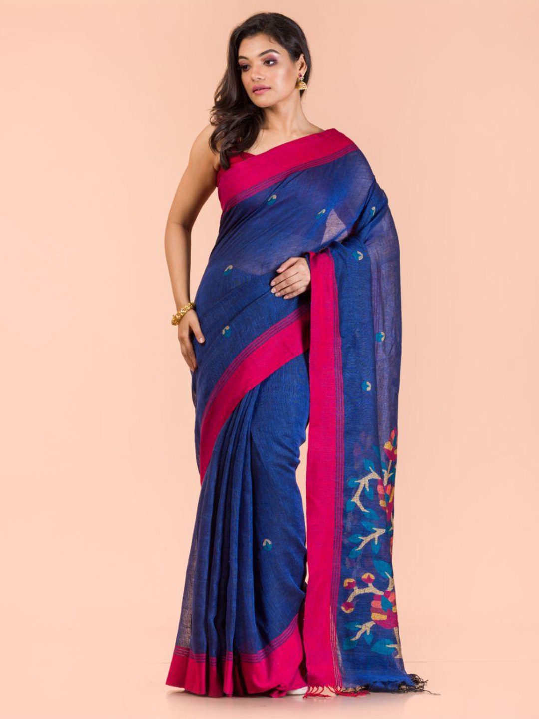 

Angoshobha Woven Design Pure Linen Jamdani Saree, Blue