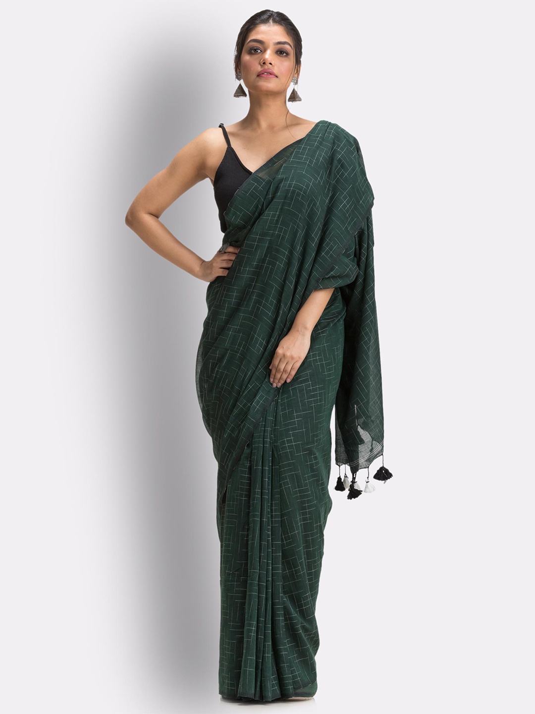 

Angoshobha Checked Pure Cotton Saree, Green