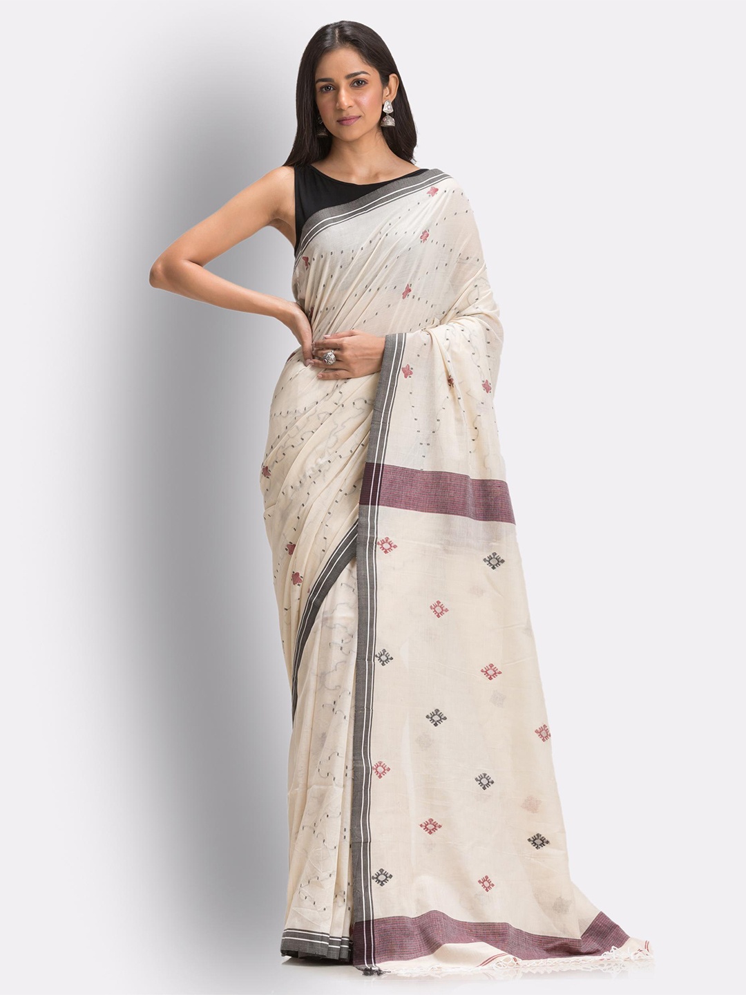 

Angoshobha Ethnic Motifs Woven Design Pure Cotton Jamdani Saree, Tan