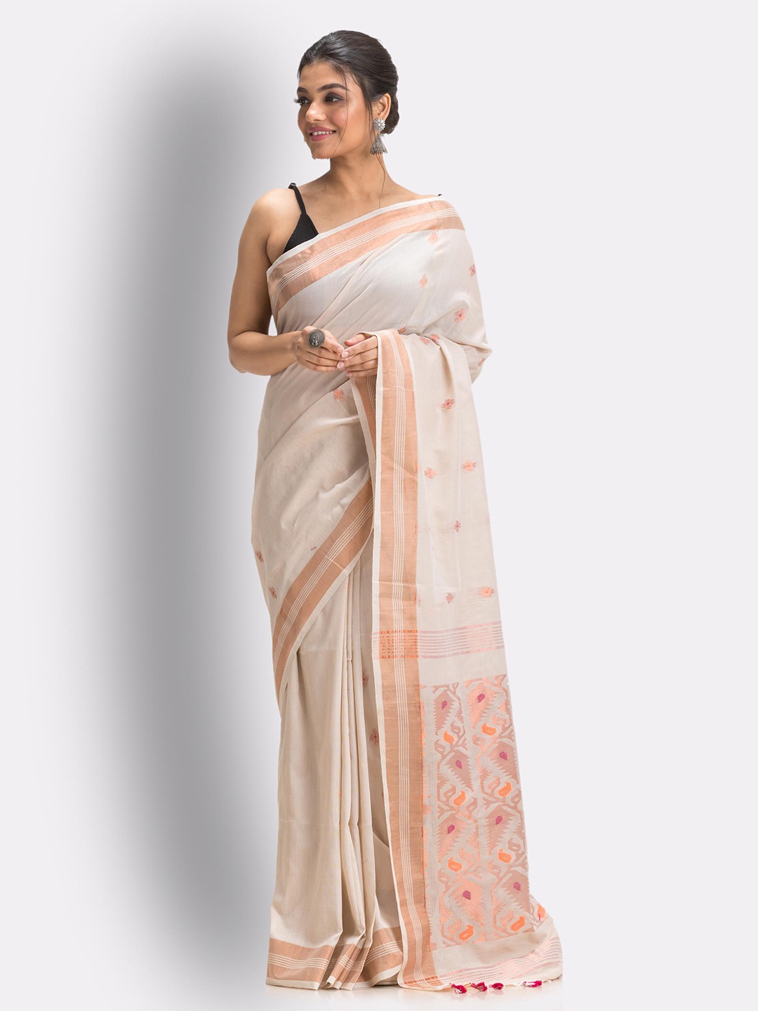 

Angoshobha Ethnic Motifs Woven Design Zari Pure Cotton Saree, Cream