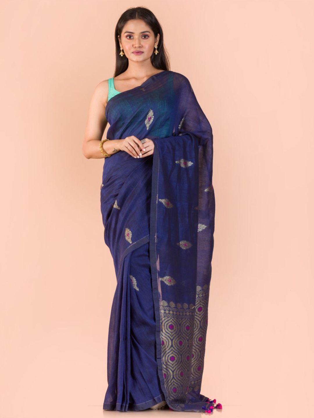 

Angoshobha Ethnic Motifs Woven Design Pure Linen Saree, Blue