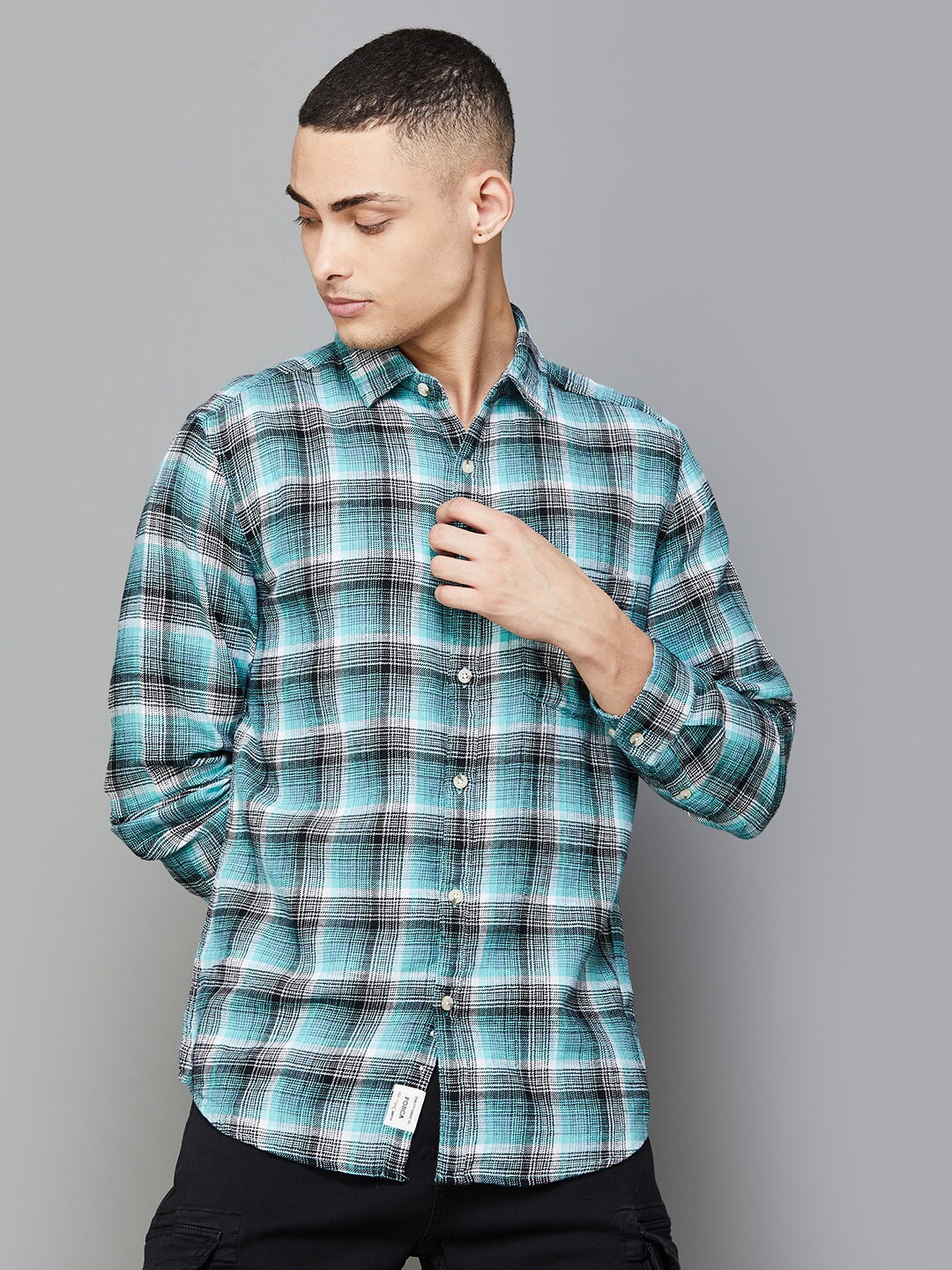 

Forca by Lifestyle Gingham Checks Opaque Checked Cotton Casual Shirt, Turquoise blue