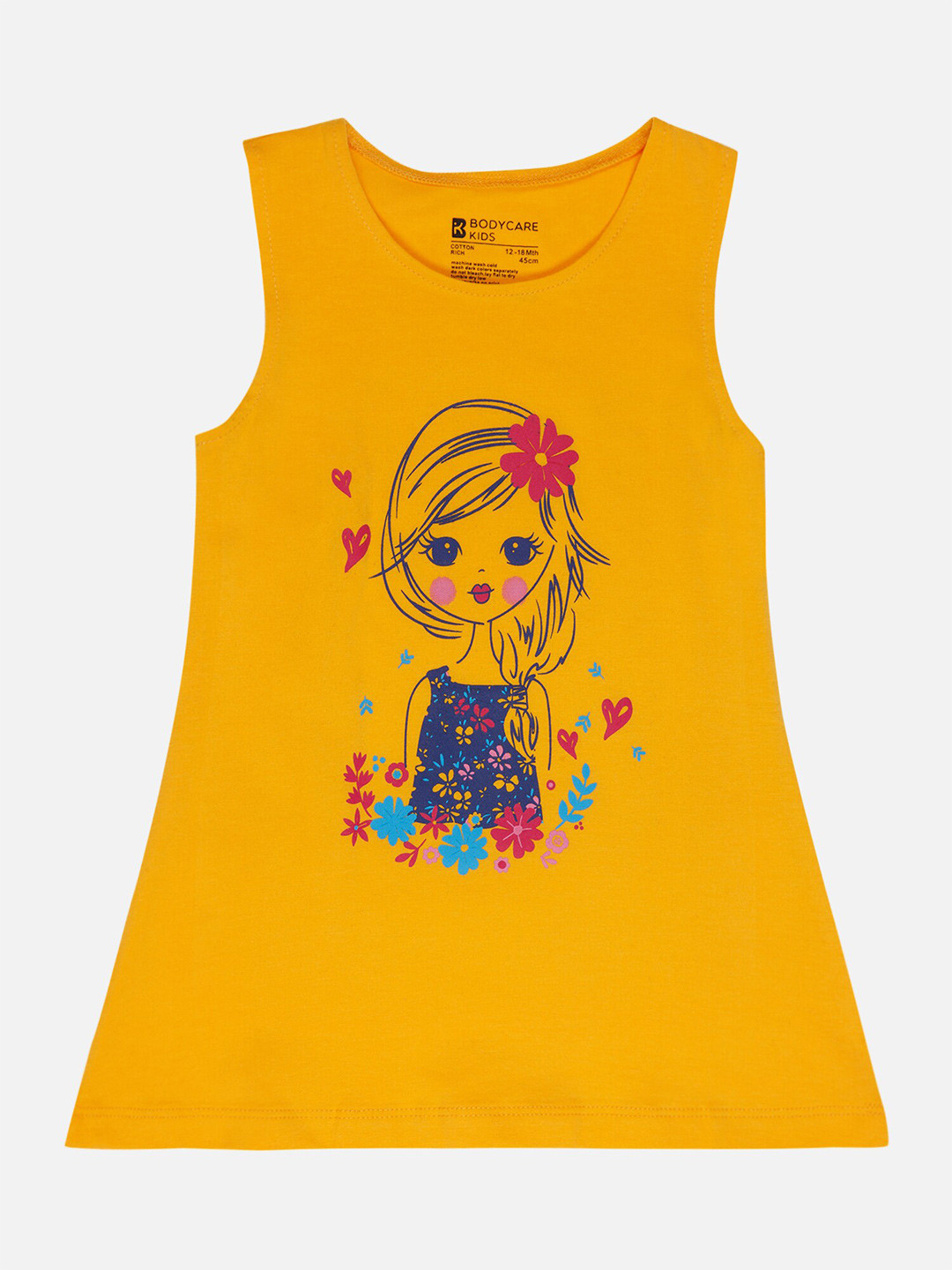 

Bodycare Infant Girls Graphic Printed Round Neck Sleeveless Cotton A-Line Dress, Mustard