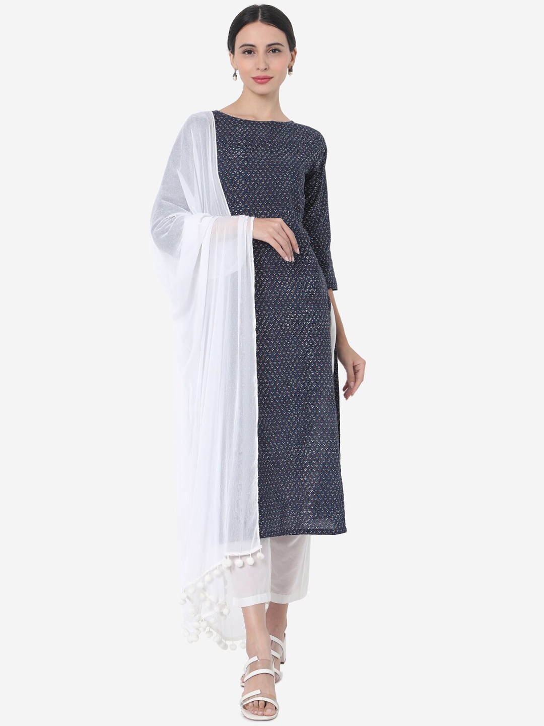 

KALINI Women Floral Printed Regular Kurta with Trousers & With Dupatta, Navy blue