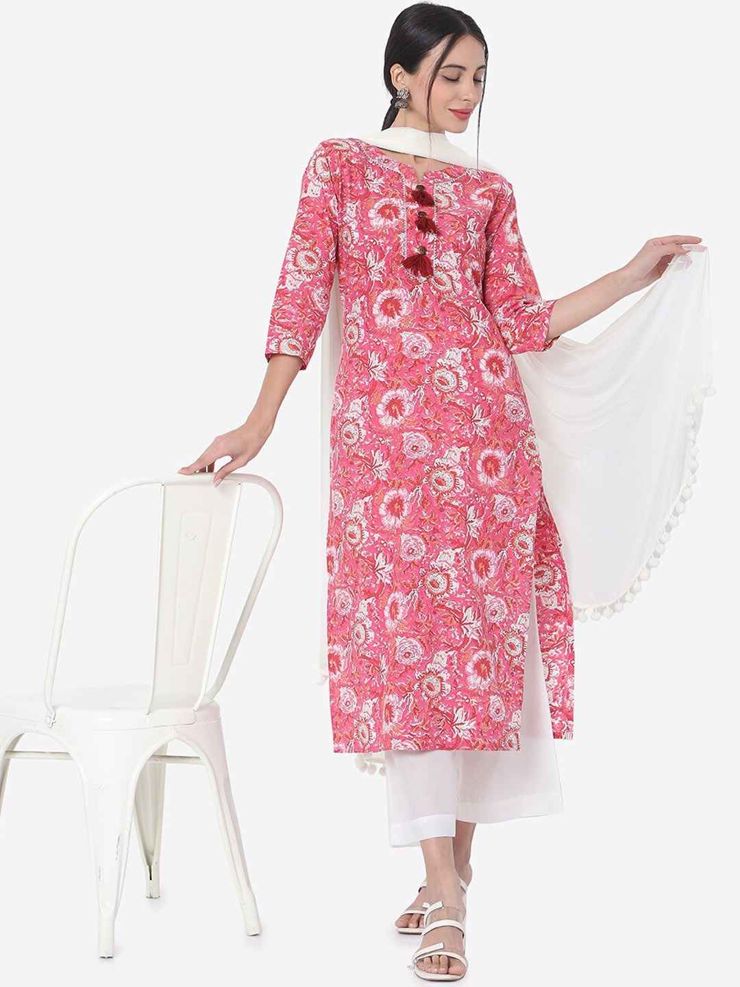 

KALINI Women Floral Printed Regular Kurta with Trousers & With Dupatta, Pink