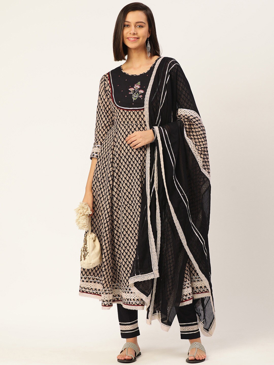 

KALINI Women Floral Printed Empire Kurta with Trousers & With Dupatta, Beige