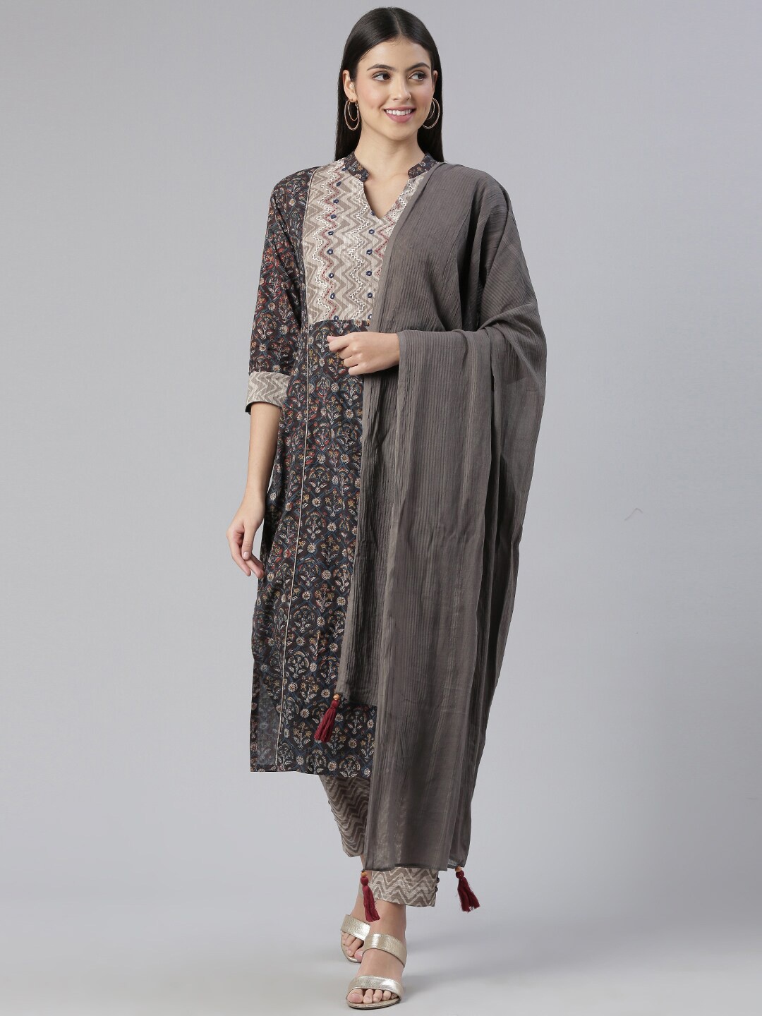 

KALINI Floral Printed Regular Mirror Work Kurta With Trousers & Dupatta, Grey