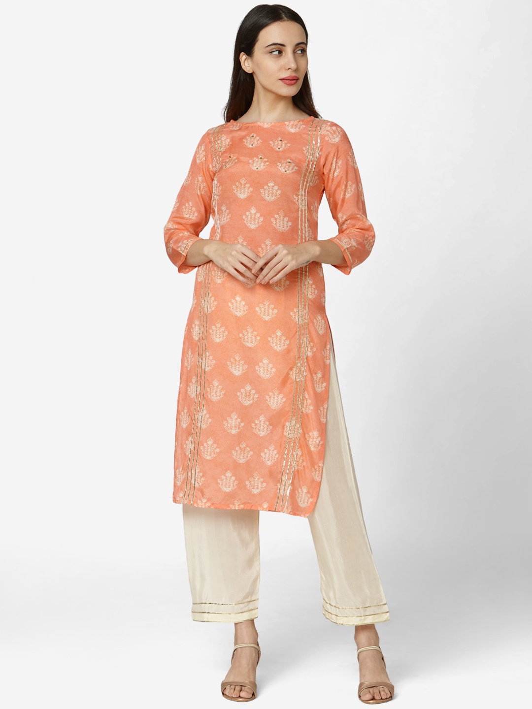 

KALINI Ethnic Motifs Printed Regular Gotta Patti Kurta With Trousers, Orange