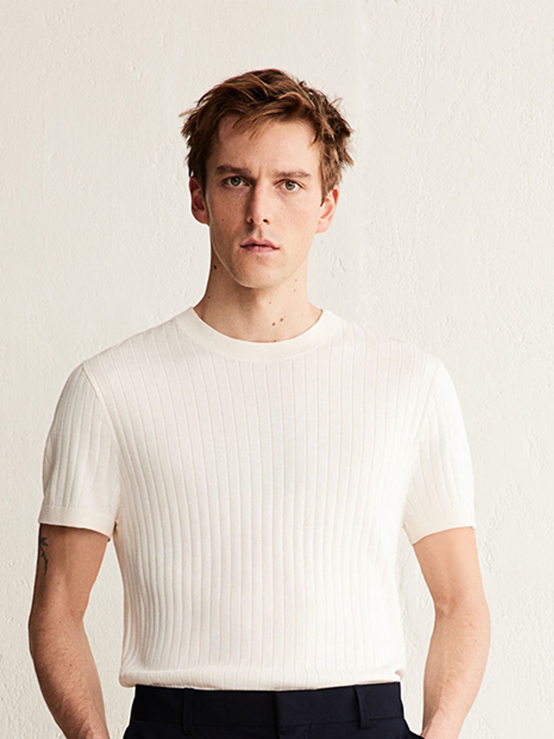 

H&M Regular Fit Knitted T-shirt, Beige