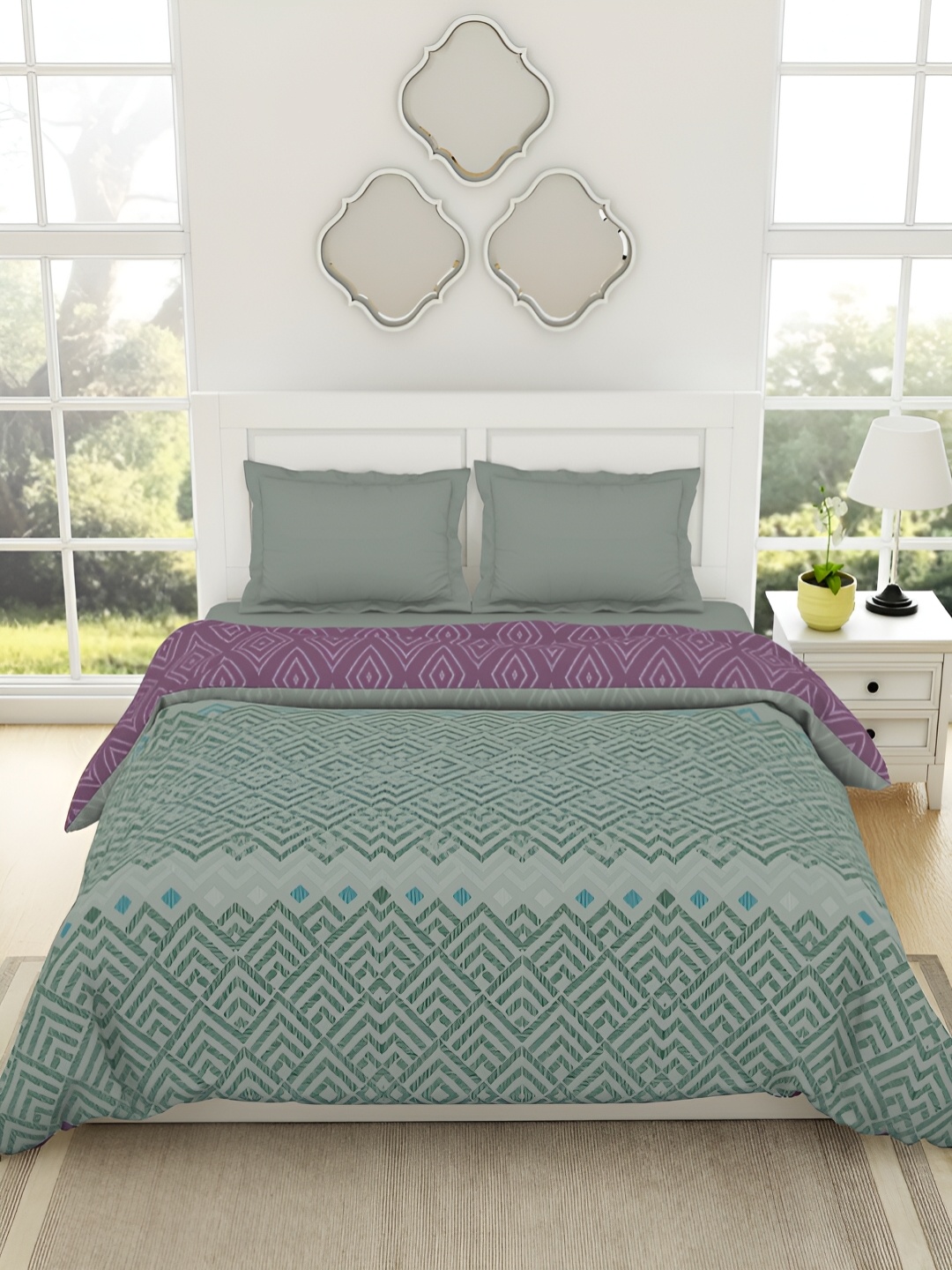 

SPACES Geospace Teal & Purple Printed Pure Cotton AC Room 150 GSM Double Bed Quilt