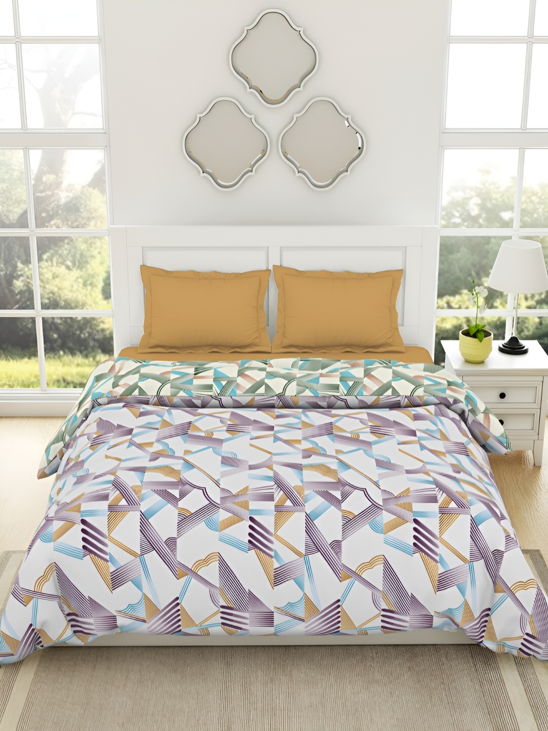 

SPACES Geospace White & Purple Printed Pure Cotton AC Room 150 GSM Double Bed Quilt