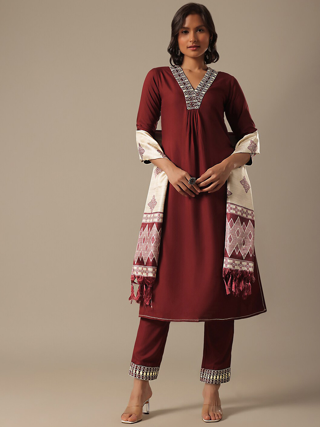 

KALKI Fashion Floral Yoke Design Regular Thread Work Kurta with Trousers & Dupatta, Red