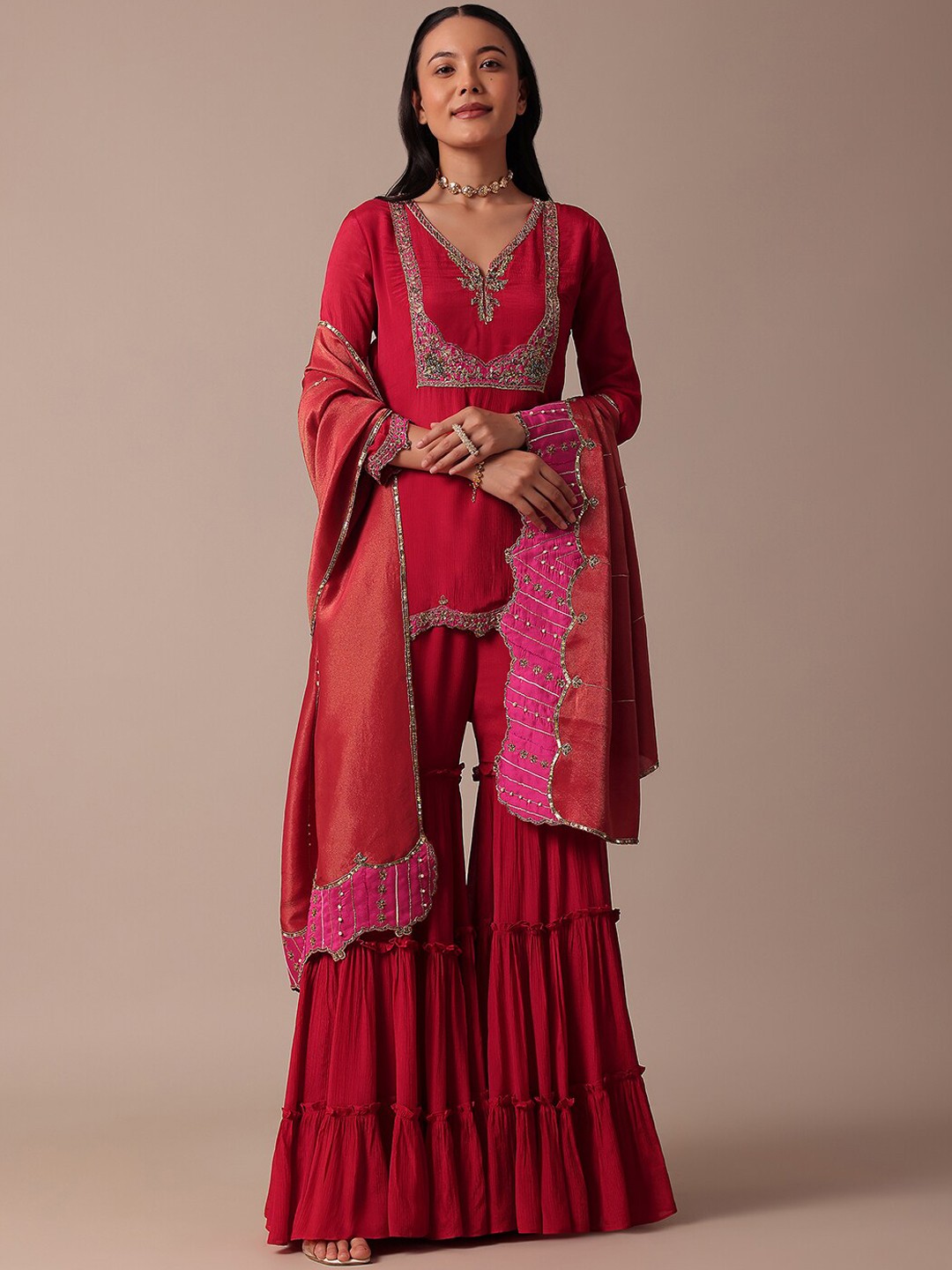 

KALKI Fashion Women Floral Embroidered Regular Thread Work Silk Chiffon Kurti with Sharara & With Dupatta, Red