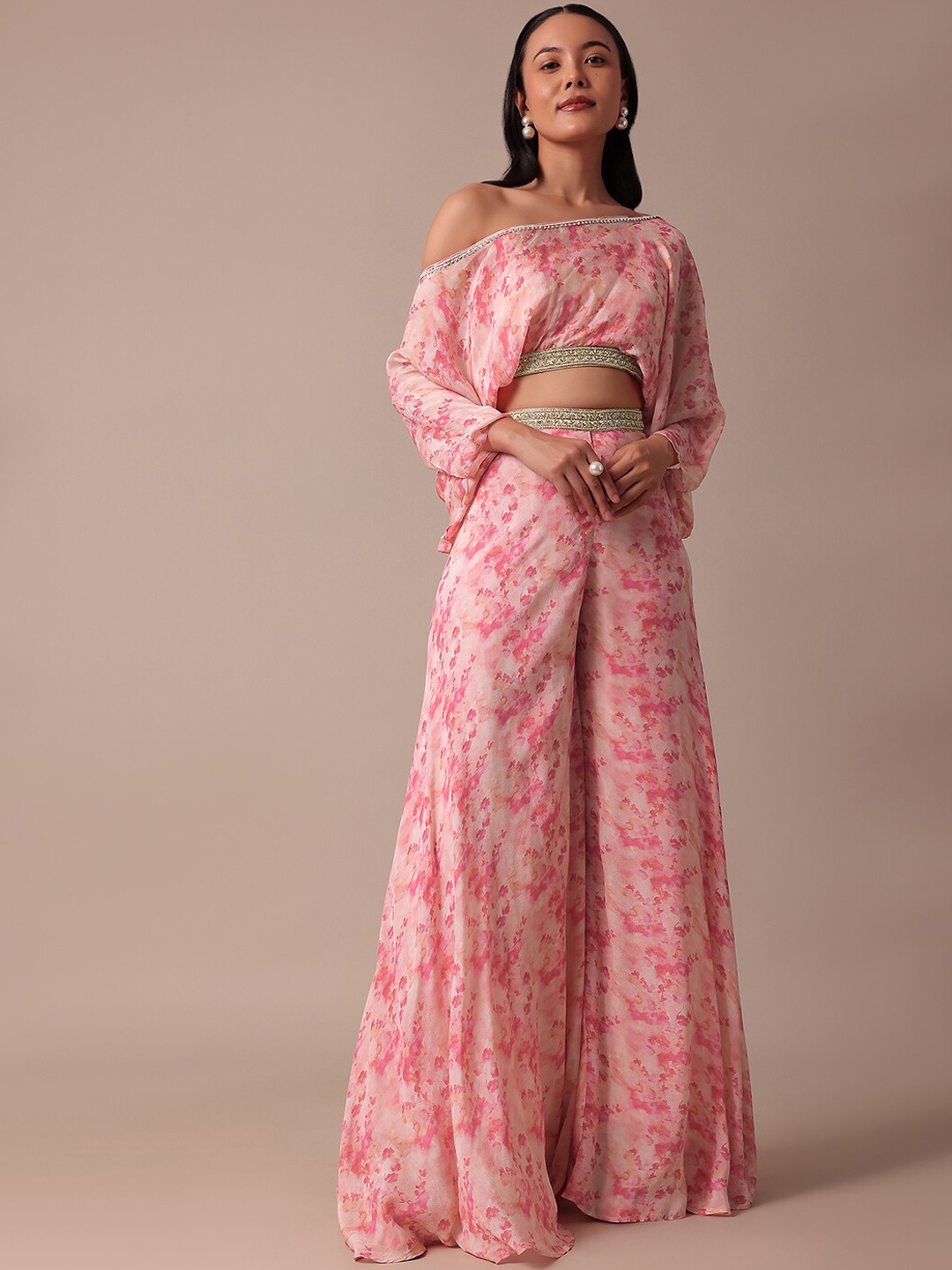 

KALKI Fashion Floral Printed Crop Top With Palazzos, Pink