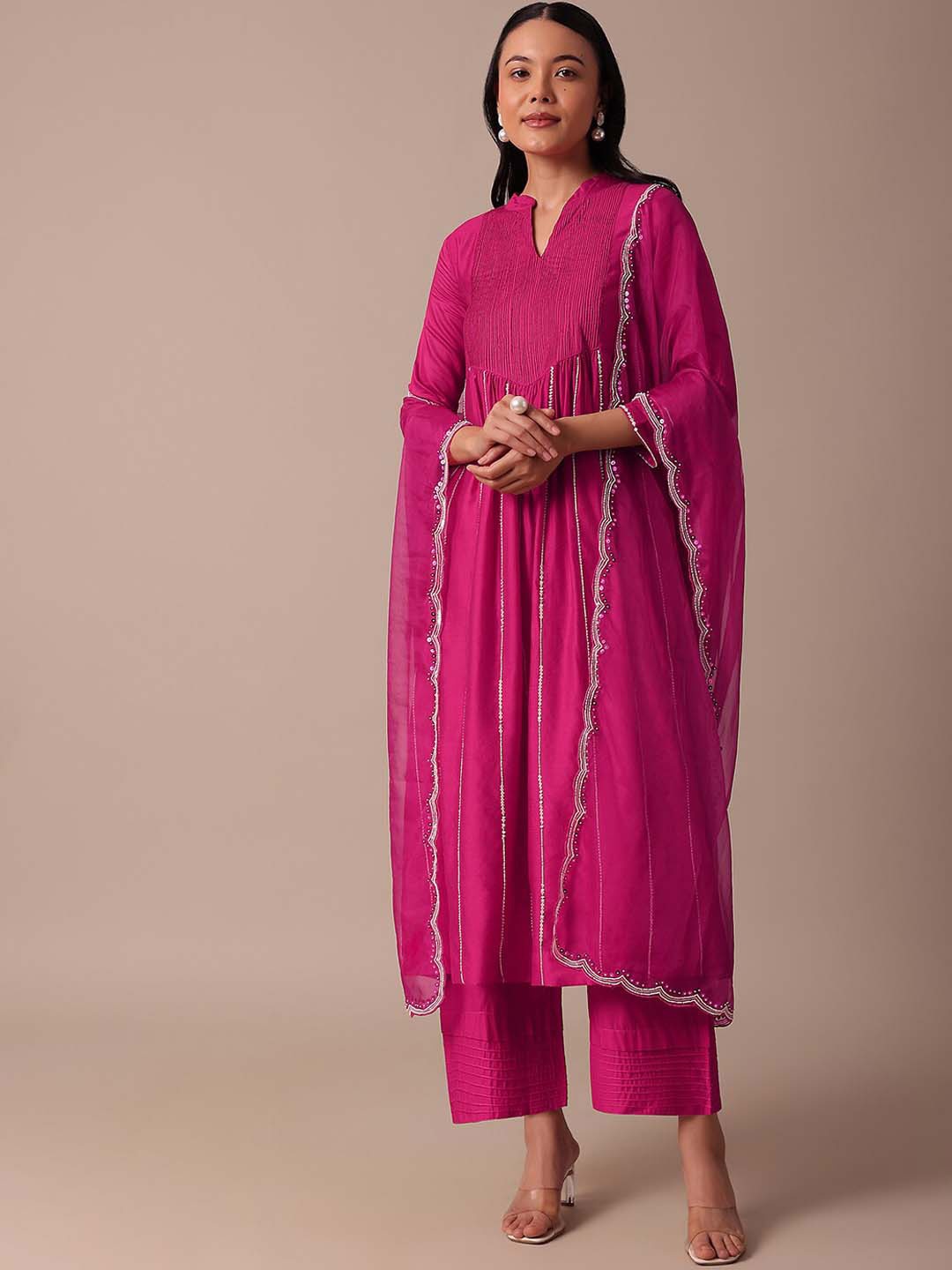 

KALKI Fashion Women Embroidered Pleated Thread Work Kurta with Trousers & With Dupatta, Pink