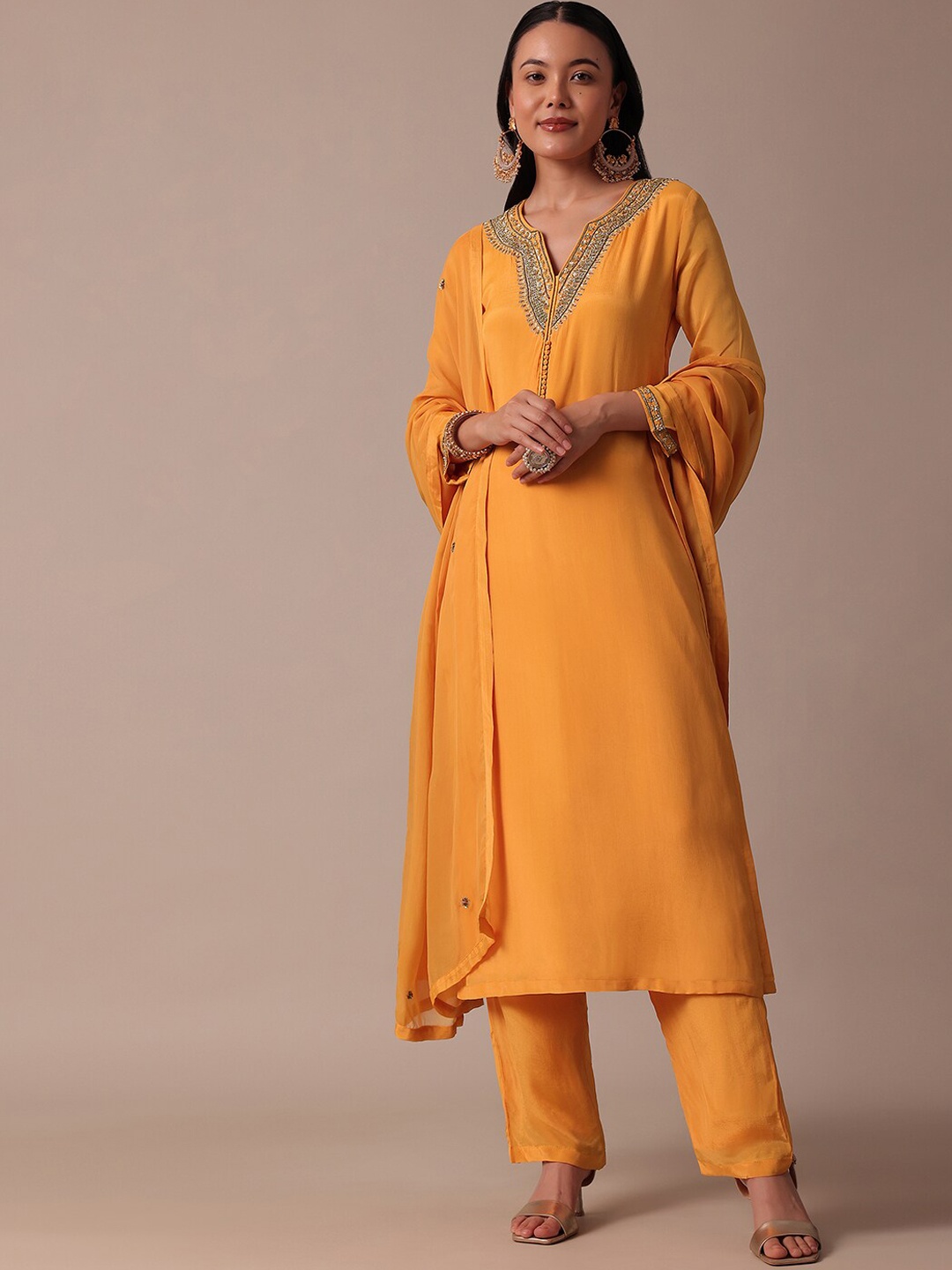 

KALKI Fashion Women Embroidered Regular Chikankari Silk Chiffon Kurta with Trousers & With Dupatta, Orange