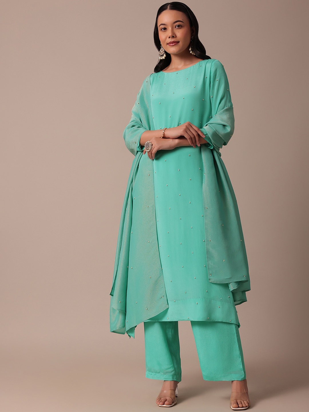 

KALKI Fashion Women Regular Beads and Stones Silk Chiffon Kurta with Palazzos & With Dupatta, Blue