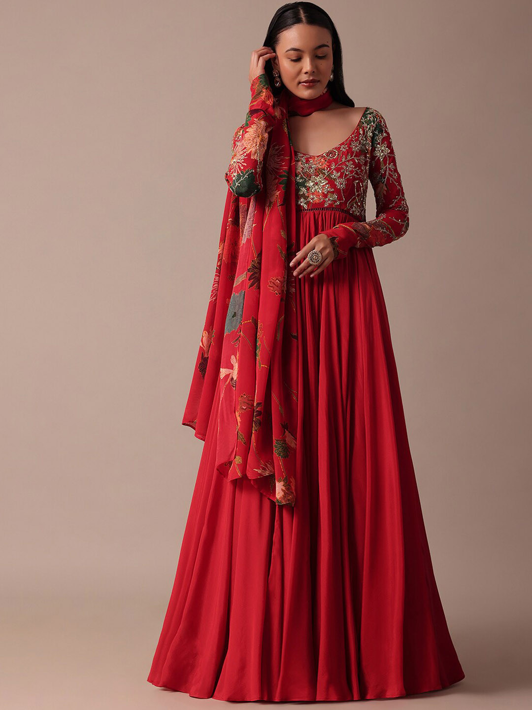 

KALKI Fashion Embellished Sequinned Anarkali Kurta With Dupatta, Red