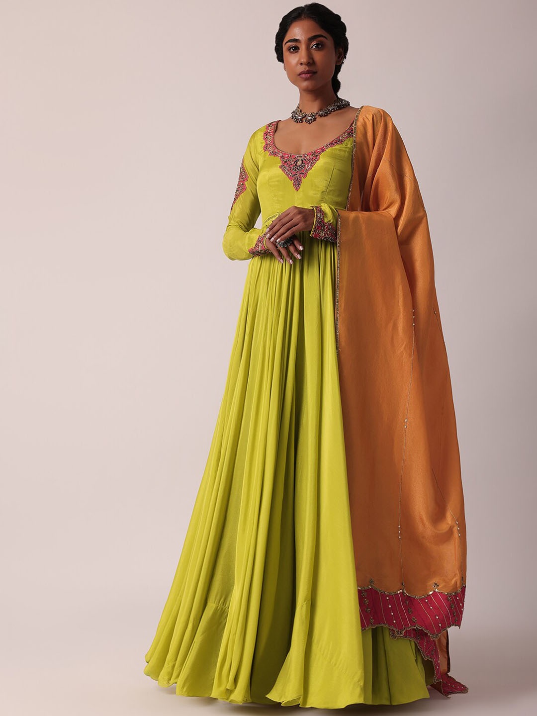 

KALKI Fashion Floral Embroidered Cotton Anarkali Ethnic Dress With Dupatta, Green