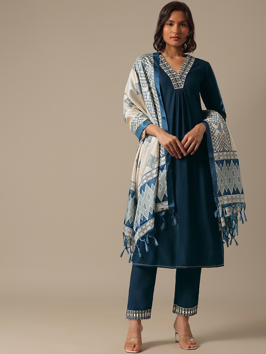 

KALKI Fashion Women Embroidered Regular Mirror Work Kurta with Trousers & With Dupatta, Blue