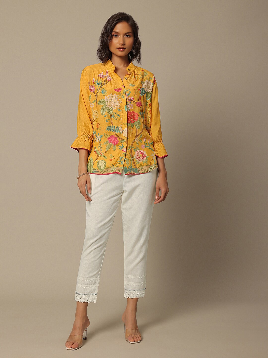 

KALKI Fashion Floral Printed Sequinned Casual Shirt, Yellow