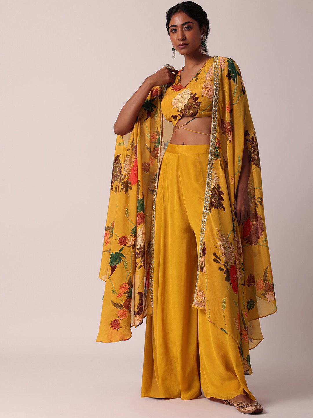 

KALKI Fashion Floral Printed Crop Top With Palazzo & Jacket, Yellow