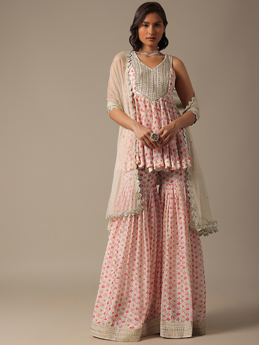 

KALKI Fashion Women Floral Printed Angrakha Thread Work Silk Chiffon Kurti with Sharara & With Dupatta, White