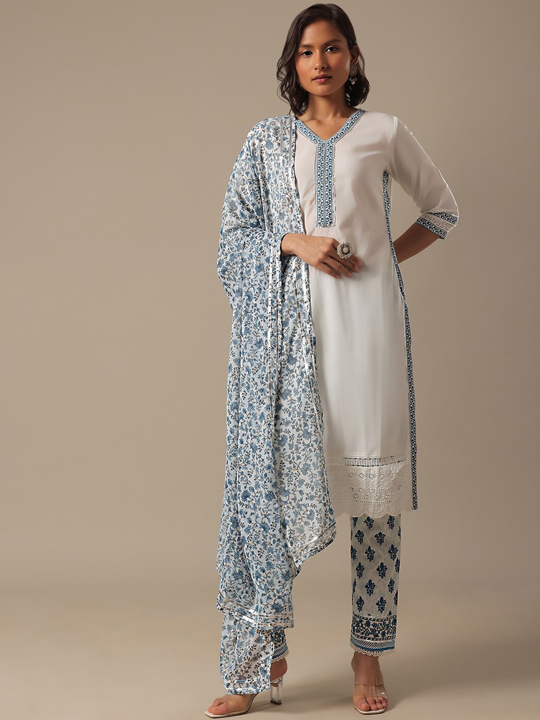 

KALKI Fashion Floral Printed Regular Kurta with Trousers & Dupatta, White