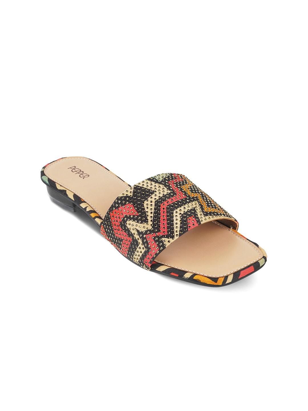 

LEMON & PEPPER Printed Embellished Open Toe Flats, Black