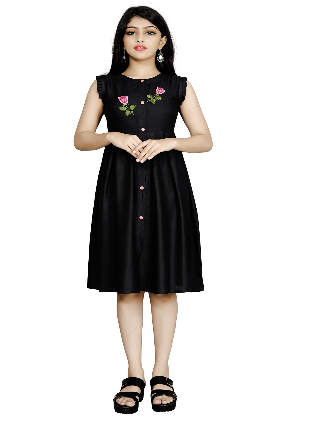 

BAESD Girls Floral Embroidered Pleated Detailed Cotton Fit & Flare Dress, Black