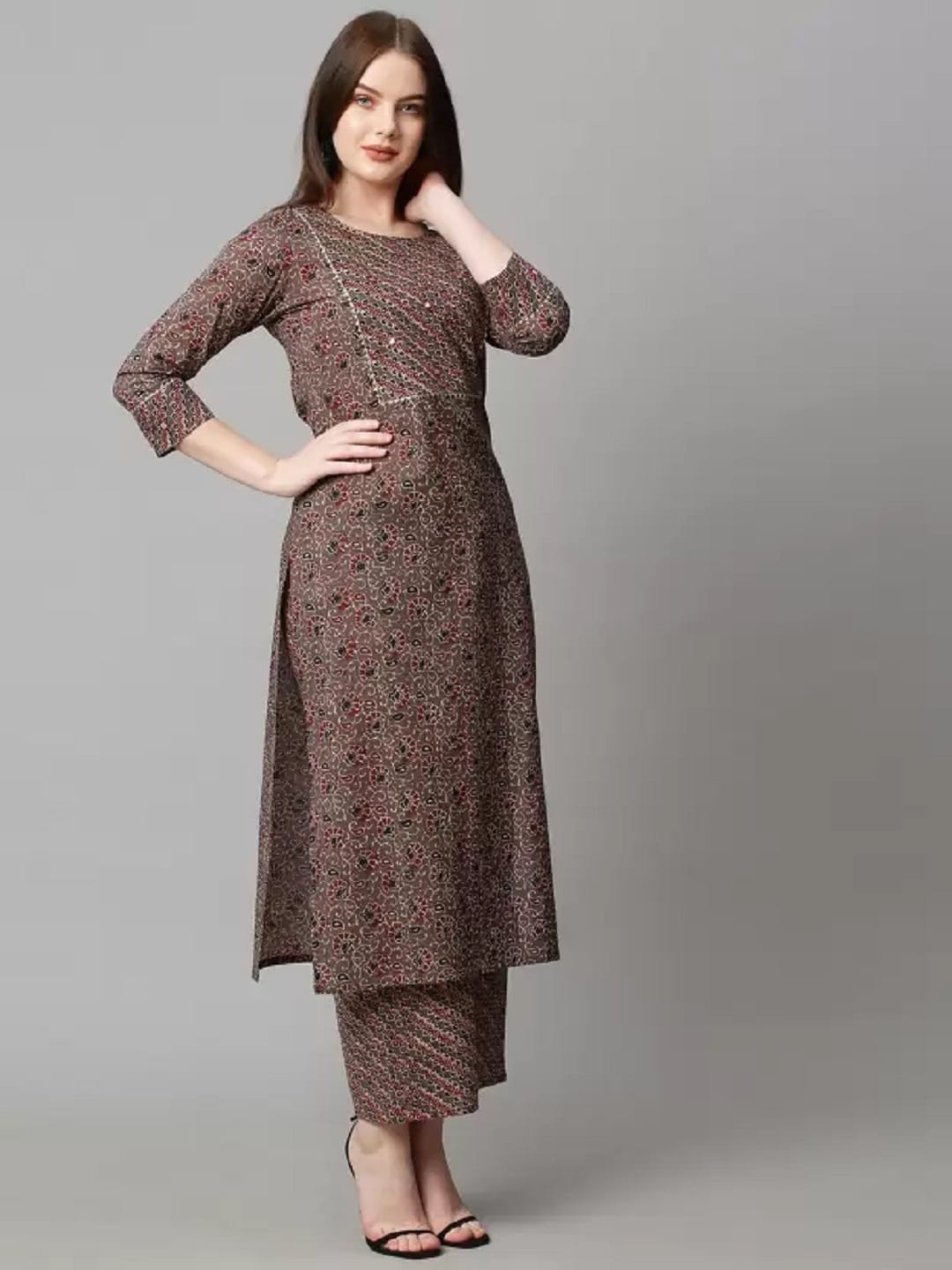 

BAESD Ethnic Motifs Printed Mirror Work Detailed Straight Kurta With Trouser, Brown
