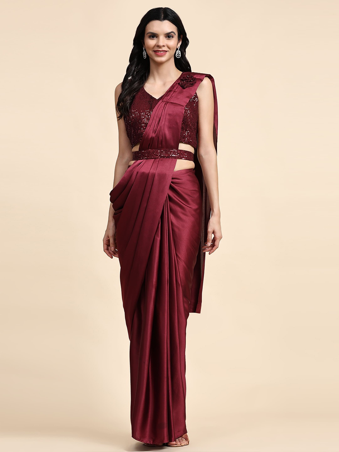 

AMOHA TRENDZ Sequinned Satin Ready to Wear Saree, Purple