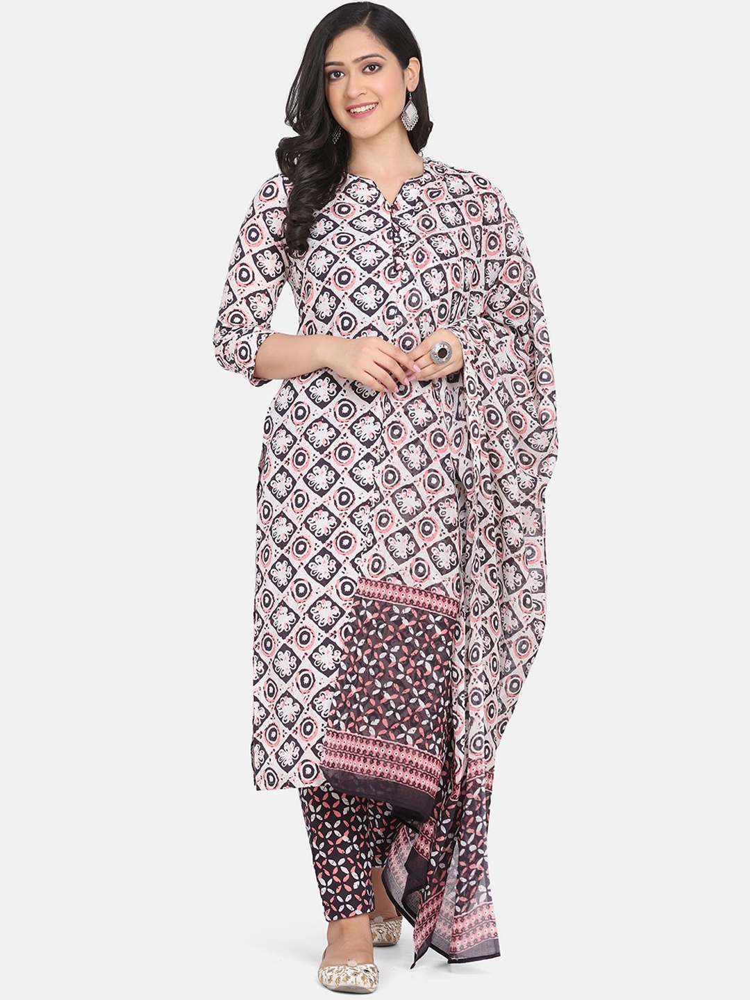

HRITIKA Women Ethnic Motifs Printed Regular Kurta with Trousers & With Dupatta, White