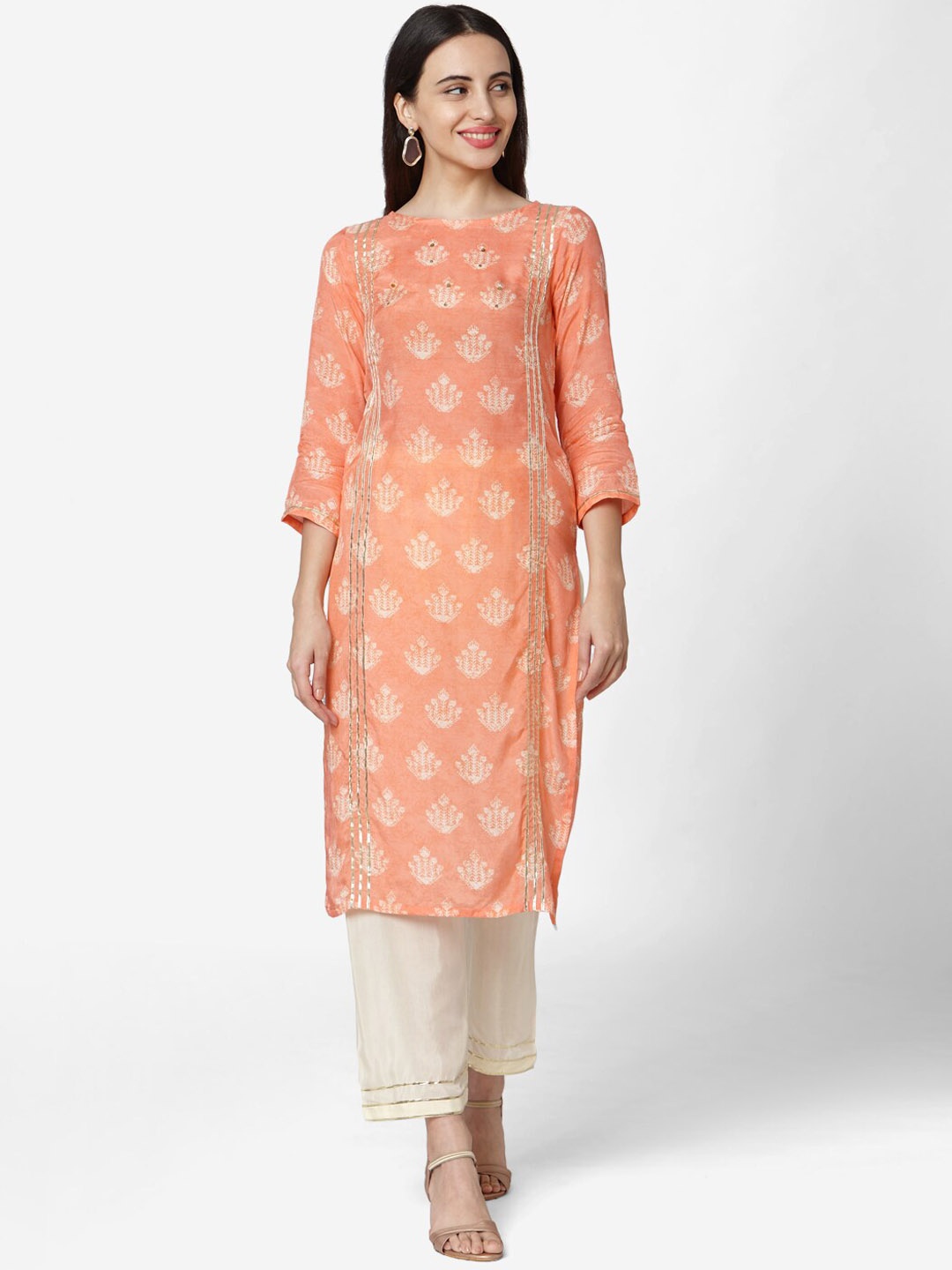 

HRITIKA Women Ethnic Motifs Printed Regular Gotta Patti Kurta with Trousers, Orange