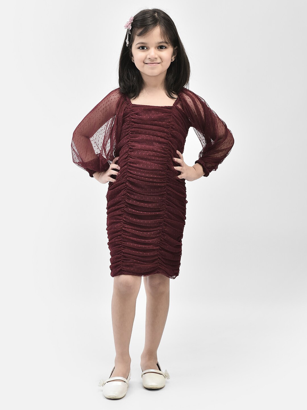 

Eavan Girls Self Design Ruched Net Sheath Dress, Maroon