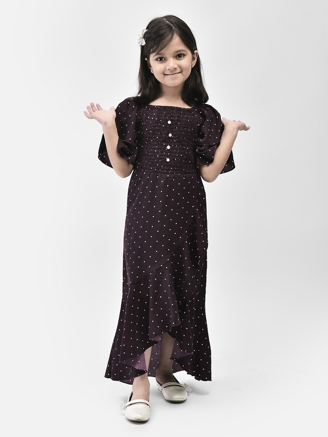 

Eavan Girls Polka Dots Printed Smocked High Low Maxi Dress, Burgundy