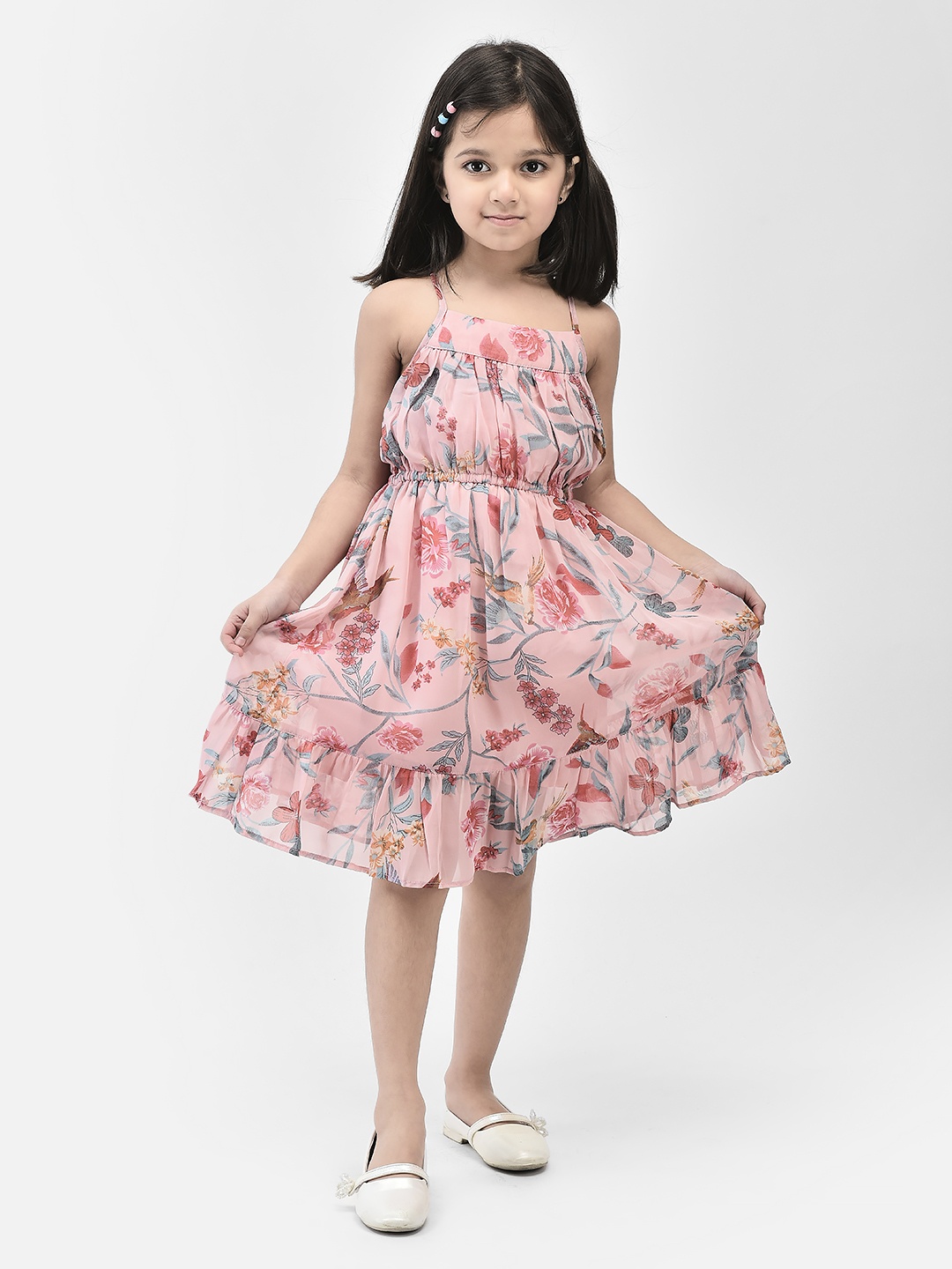 

Eavan Girls Floral Printed Shoulder Straps Georgette Fit & Flare Midi Dress, Pink