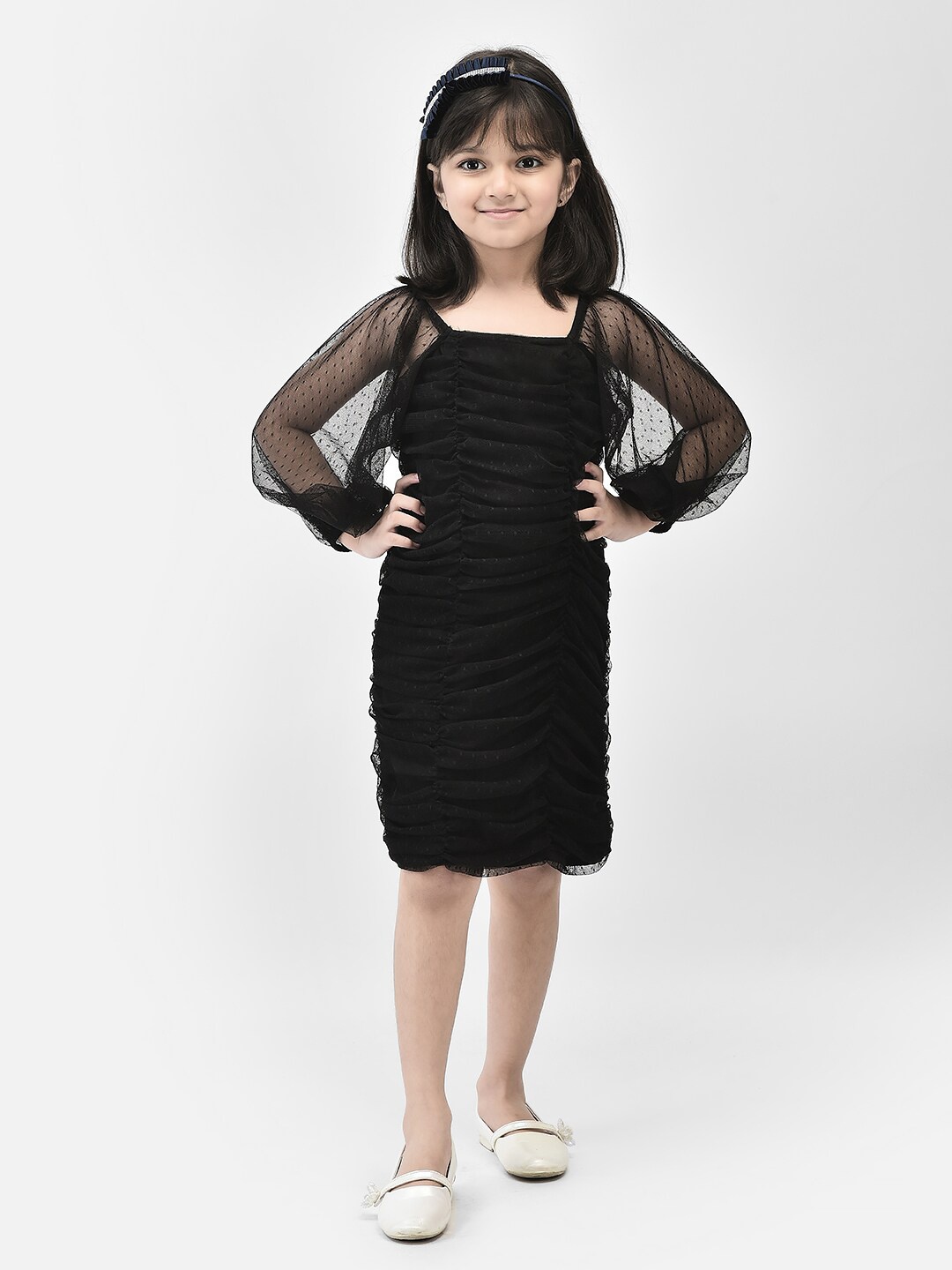 

Eavan Girls Square Neck Puff Sleeves Net Ruched Sheath Dress, Black