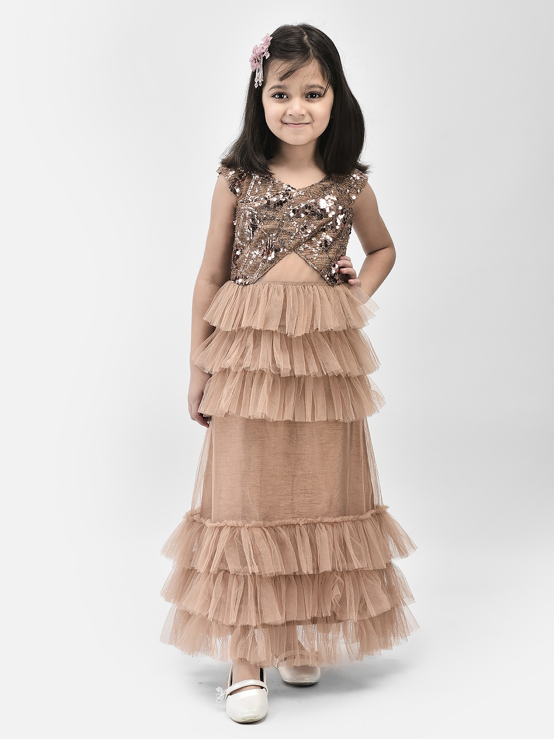 

Eavan Girls Embellished Sequined Net Maxi Dress, Beige