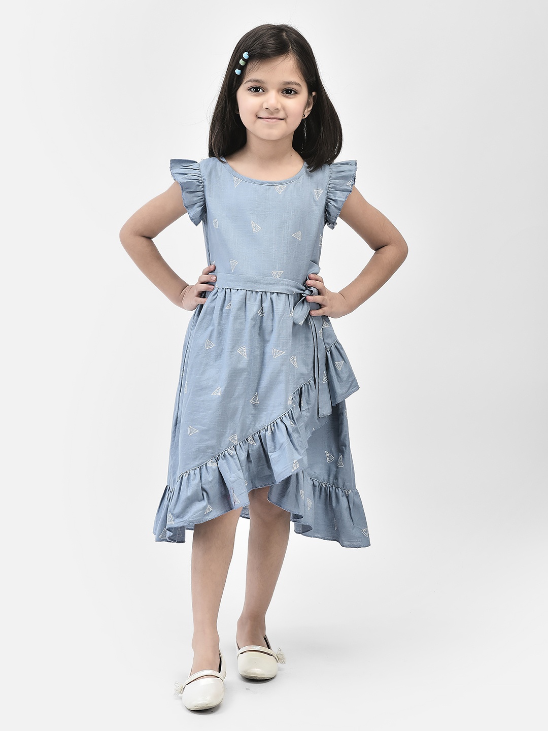 

Eavan Girls Conversational Printed Flutter Sleeve Cotton Fit & Flare Dress, Blue