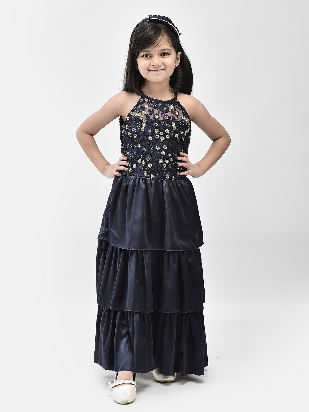 

Eavan Girls Floral Embroidered Silk Halter Neck Net Maxi Gown, Navy blue