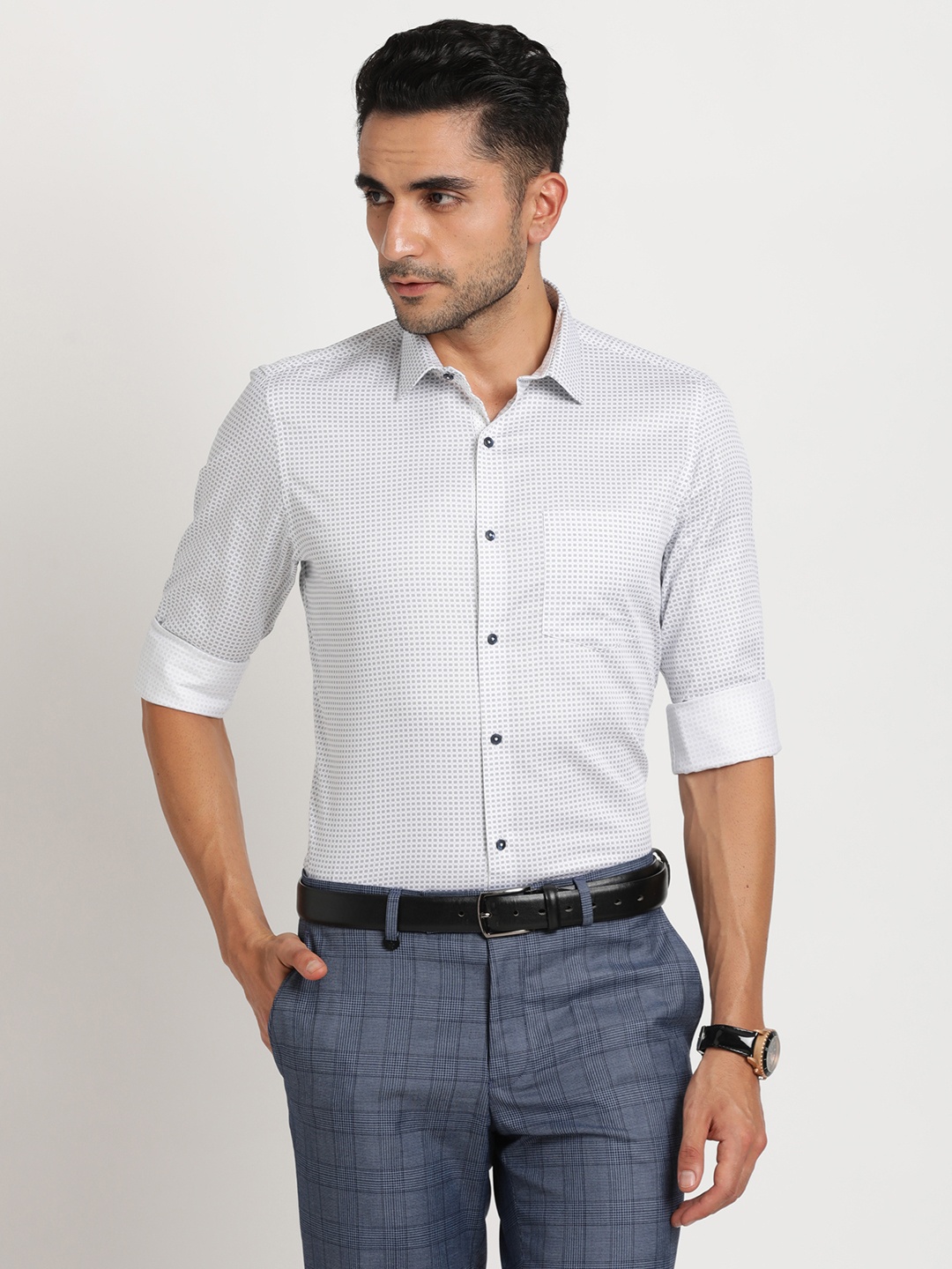 

Turtle Classic Slim Fit Geometric Printed Pure Cotton Formal Shirt, White
