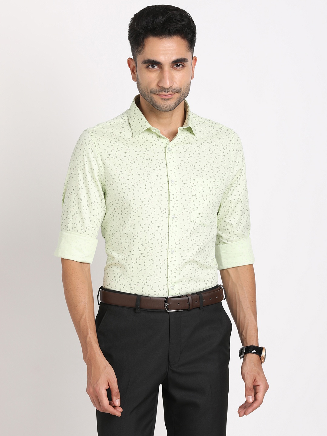 

Turtle Classic Slim Fit Micro Ditsy Printed Pure Cotton Formal Shirt, Green