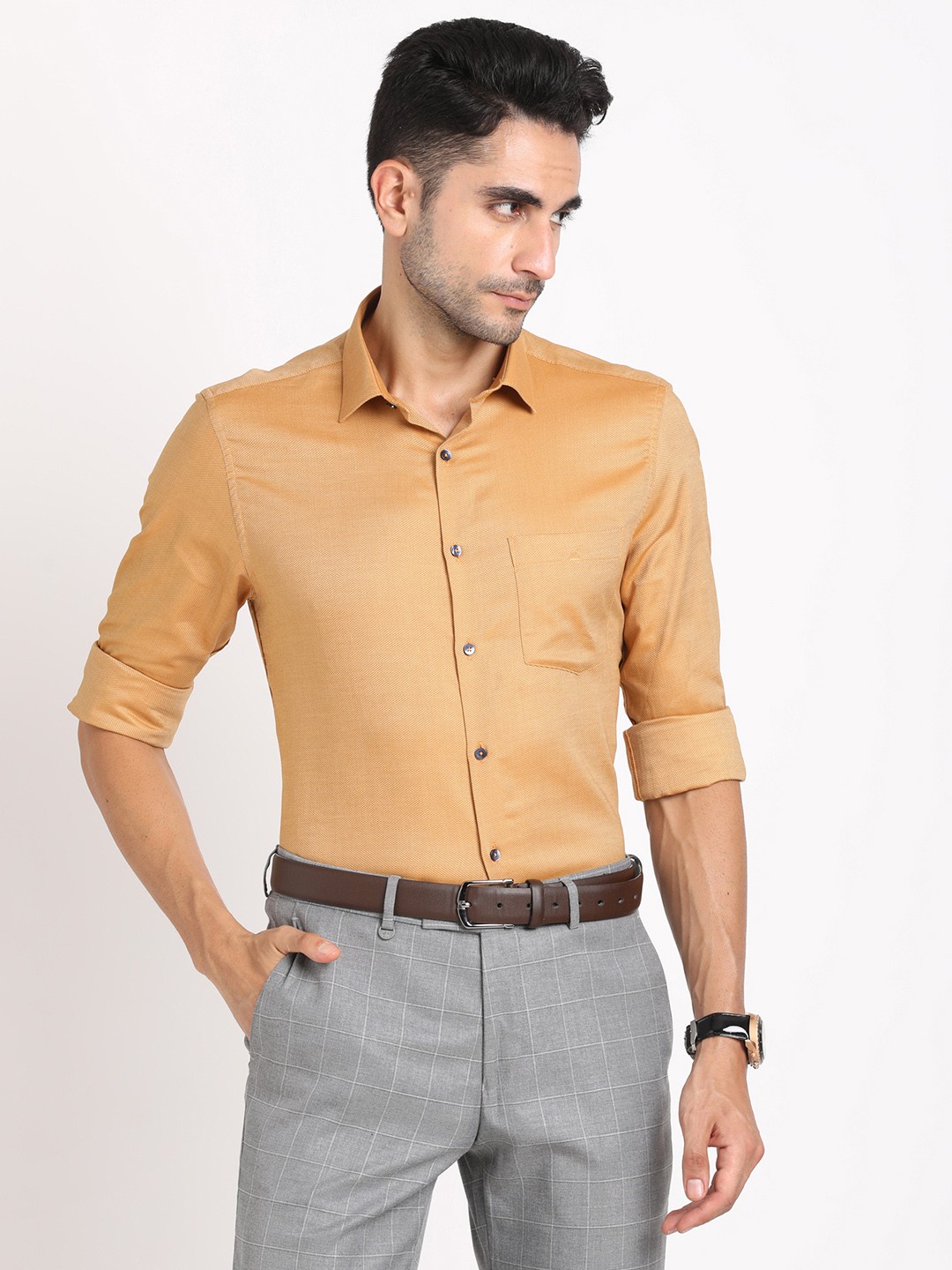 

Turtle Classic Slim Fit Self Design Pure Cotton Formal Shirt, Mustard