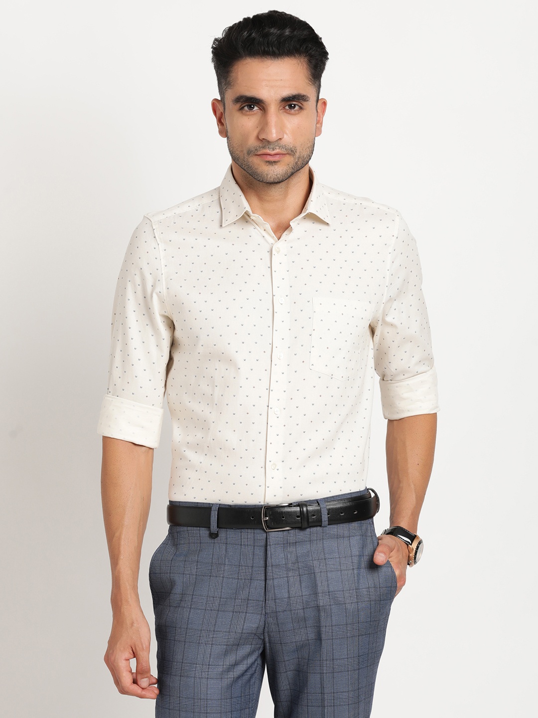 

Turtle Classic Slim Fit Micro Ditsy Printed Pure Cotton Formal Shirt, Off white