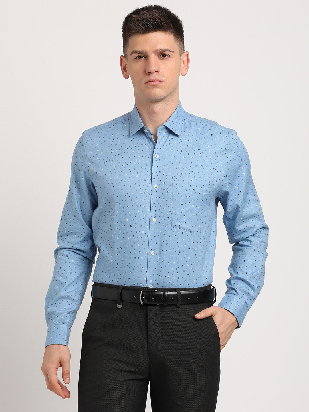 

Turtle Classic Slim Fit Micro Ditsy Printed Pure Cotton Formal Shirt, Blue